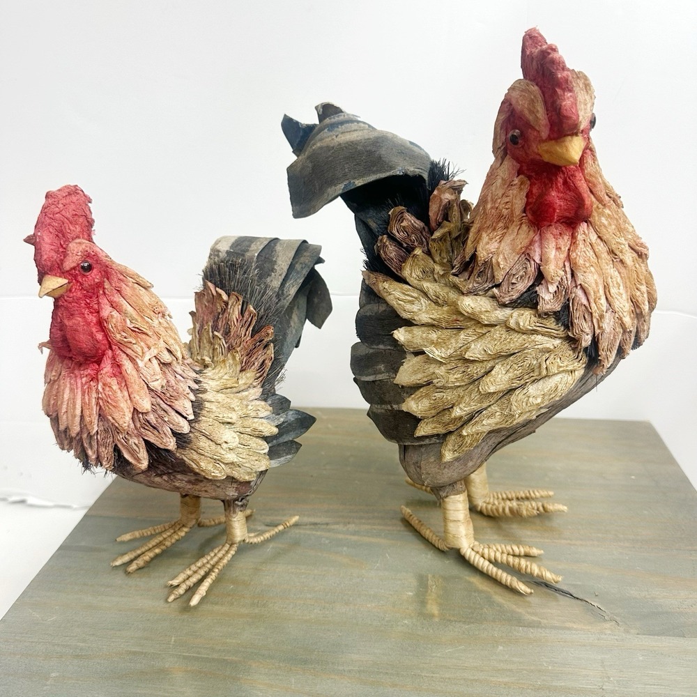 Set / 2 Vintage Paper Mache Rooster Chicken Hen Multi-colored Raffia Lightweight